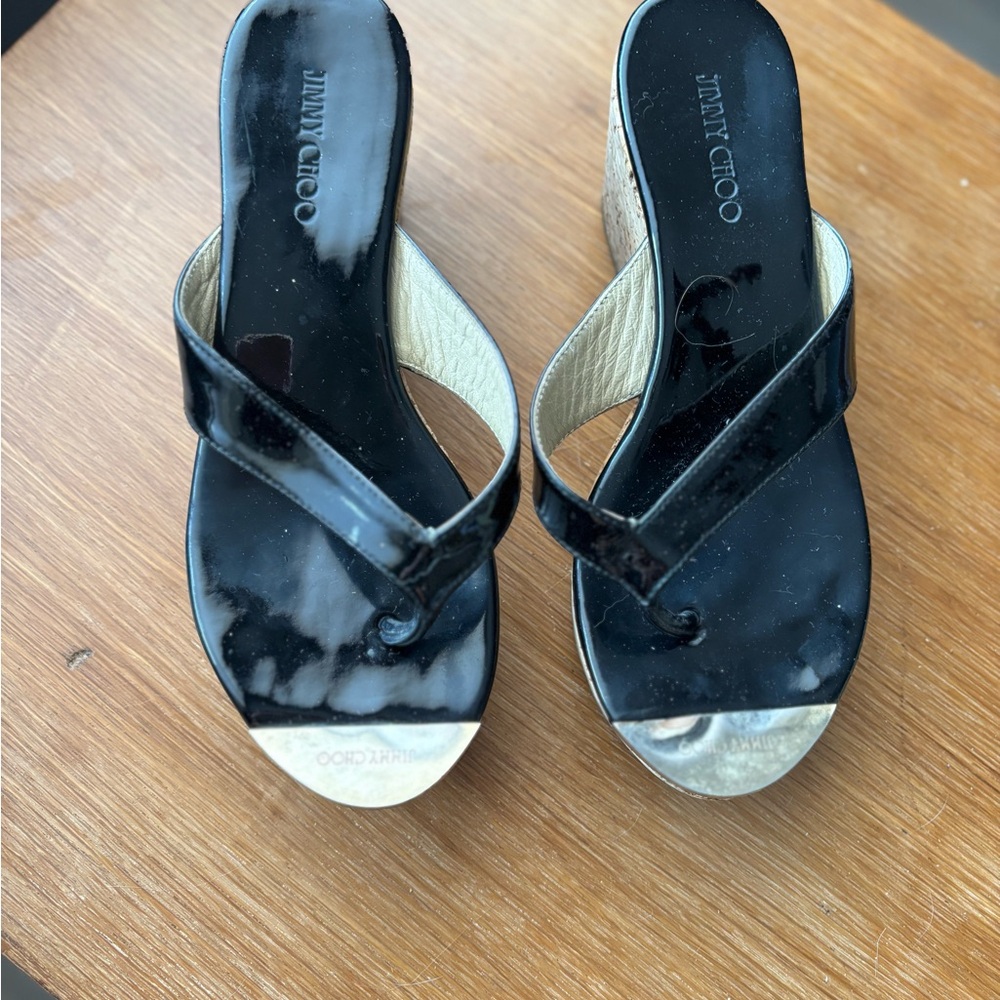 Jimmy Choo Glossy Black Cork Wedge Sandals